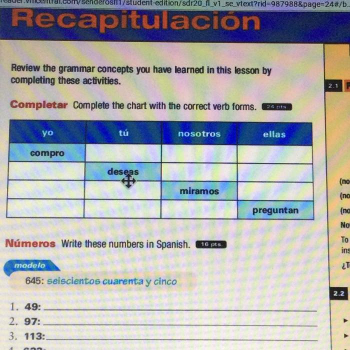 Completar complete the chart with the correct verb forms