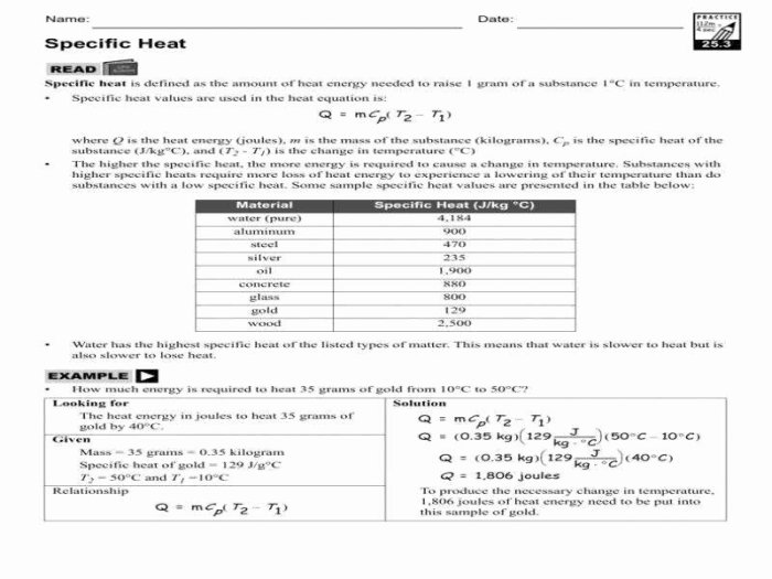 Calculating heat and specific heat worksheet answer key